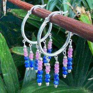 Pink Tourmaline Lapis Lazuli Beaded Chandelier Hoop Earrings Sterling Silver
